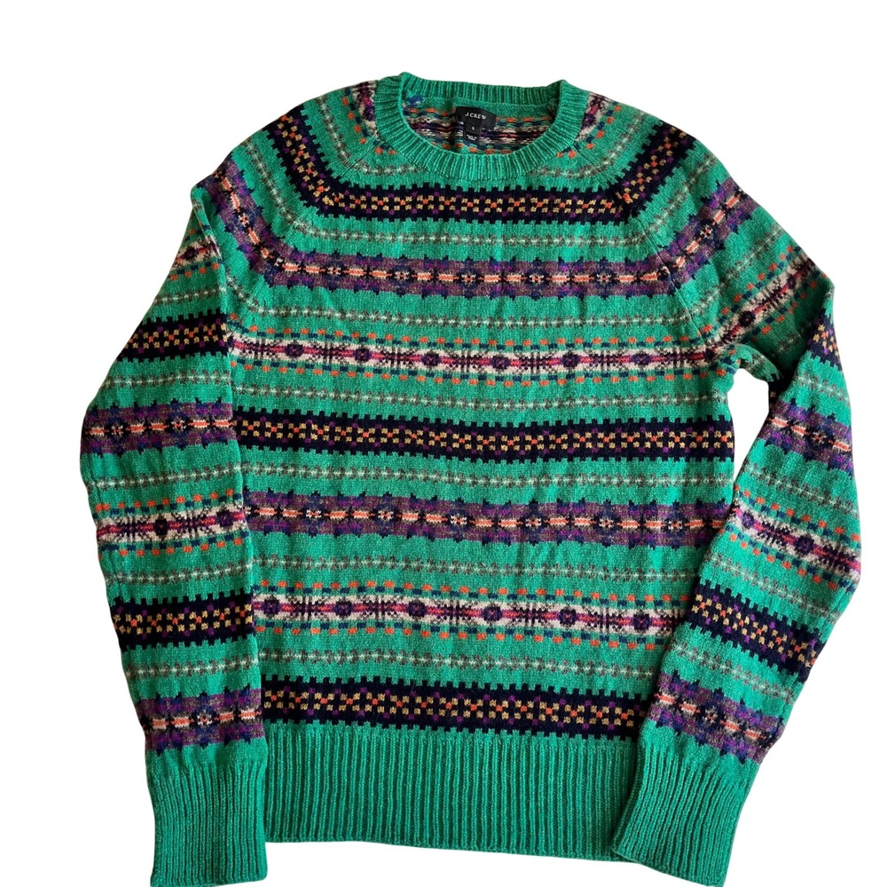 J.Crew Fair Isle 100% Wool Crewneck Sweater Womens Small Green Preppy Cottage